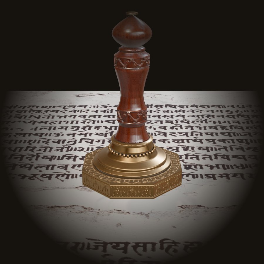 A seal stamp with a carved rosewood handle and an engraved octagonal brass die, standing on an old manuscript page